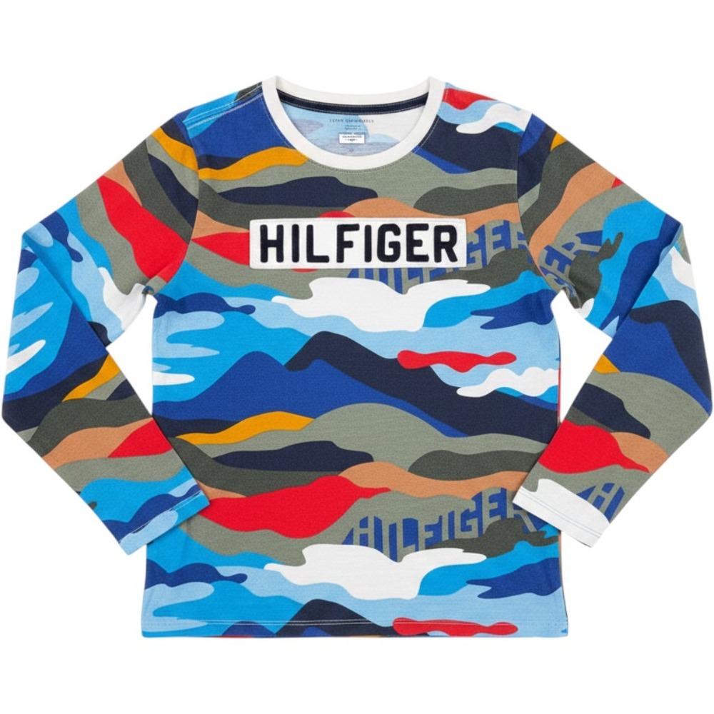 Tommy Hilfiger Boys Camo Long Sleeve T-Shirt Blue Red XL 16 Graphic Tee AOP Bold